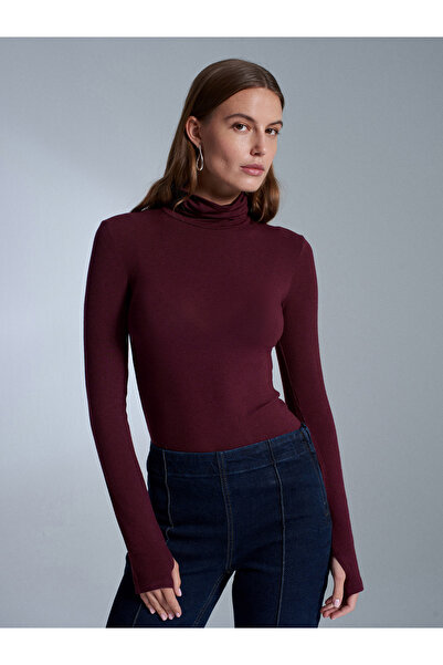 Dilvin 32253 Wool Blend Turtleneck Top-Burgundy