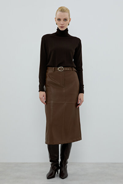 Roman Beli Kemerli Midi Boy Etek Kahve K2615066_005