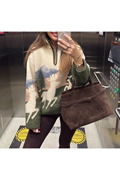 Lavanta Tekstil Geyikli Zippered Collar Fleece Sweatshirt