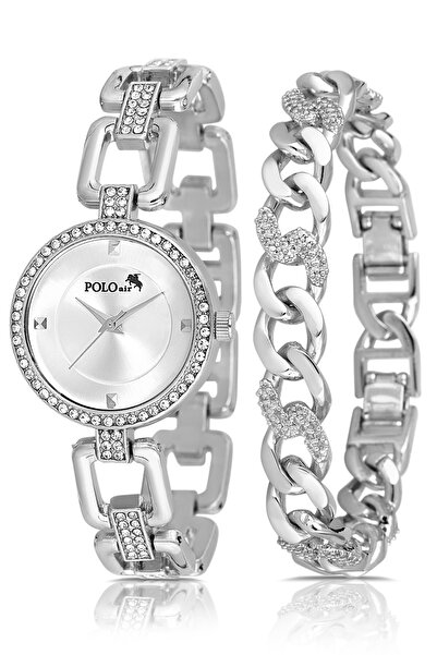 Polo Air سوار ساعة يد نسائي بسلسلة حجرية فاخرة، سوار فضي اللون PL-1572B2