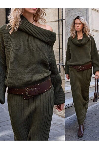 SİNGBADA Maksi Boy Etek Balıkçı Yaka Full Oversize Triko kazak