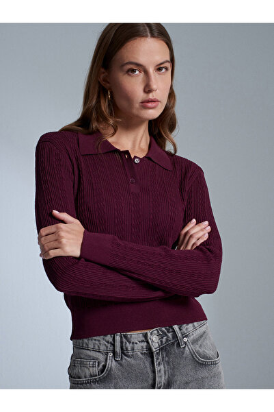 Dilvin 10827 Polo Neck Slim Knit Blouse-Burgundy