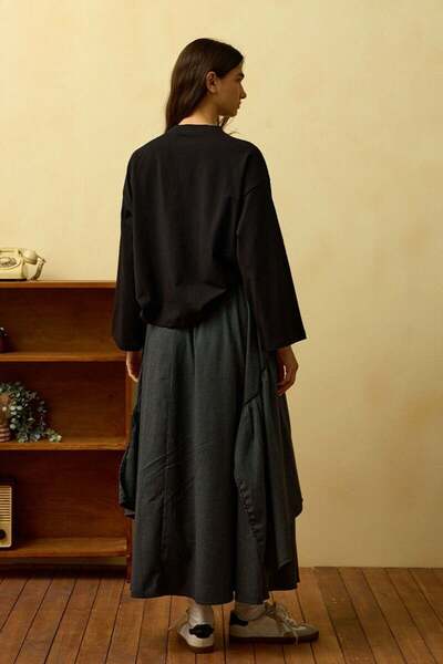 Ceylan Otantik Anthracite Striped Polyviscon Bohemian Floor Skirt