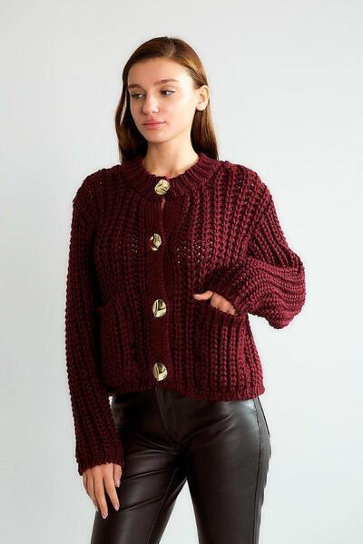 Lavanta Tekstil Crew Neck Soft Textured Gold Button Detailed Pocketed Knitwear Cardigan