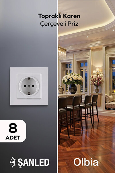 Olbia مقبس كهربائي أبيض بإطار كارين مع تأريض 8 قطع