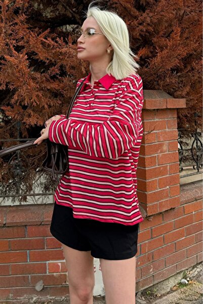 Madmext Red Striped Button Polo Neck Women's Long Sleeve T-Shirt Mg2574