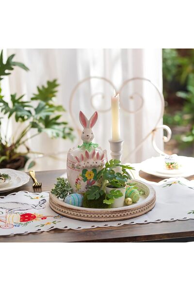 Hanobe Decorative Round Wooden Serving Tray, White-Washed Bead Edge, 30cm Rustic Farmhouse Centerpie