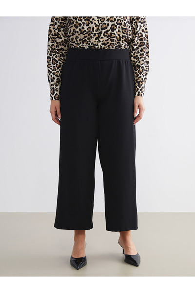 LC Waikiki Modest Black Plus Size Elastic Waist Wide Leg Women's Trousers