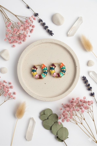 Dorvina Brass Women's Hoop Earrings Gold Color Enamel Multi-Colored Embossed |   Stylish and Durable Jewelry, Accessory