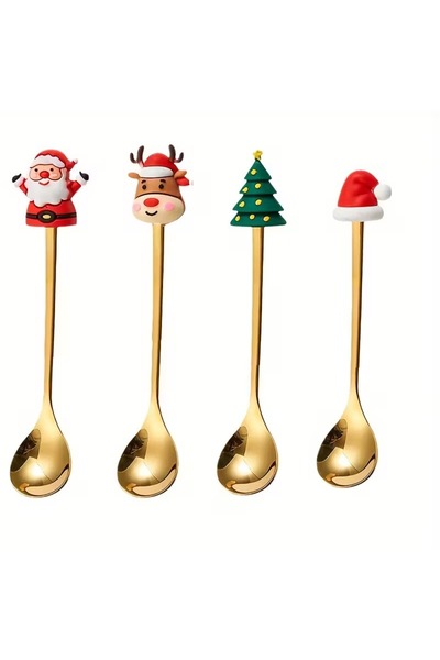 Dodemert Home Christmas New Year Themed Stainless Steel Gold Spoon Set 4 Pieces