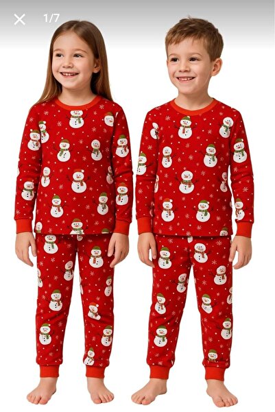 Elidabutik New Year / New Year Unisex Snowman Patterned Red Children's Pajama Set