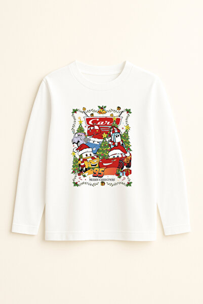 fasardi Lightning Mcqueen Cars Christmas Themed Printed Long Sleeve Unisex Kids T-Shirt