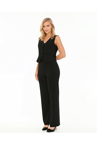 Lexsina Button-Front Striped Vest Pants Bottom Top Two-Piece Set