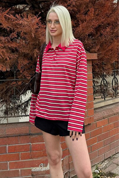 Madmext Red Striped Button Polo Neck Women's Long Sleeve T-Shirt Mg2574