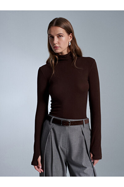 Dilvin 32253 Wool Blend Turtleneck Top-Dark Brown