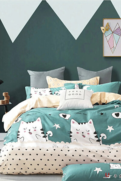 İQON Elastic Fitted Sheet Duvet Cover Set Double Size Outlet-Sev.Ked.Petrol (Defective)