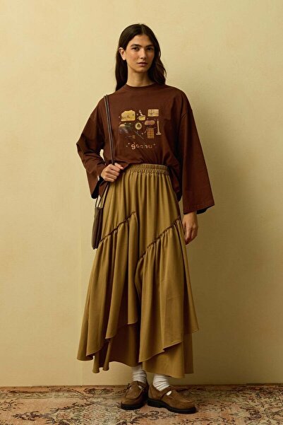 Ceylan Otantik Caramel Polyviscose Bohemian Floor Skirt