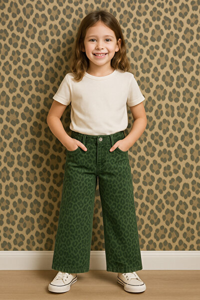 Uğur bebe Дънки с широки крачоли и зелен леопардов принт за момичета – модерн...