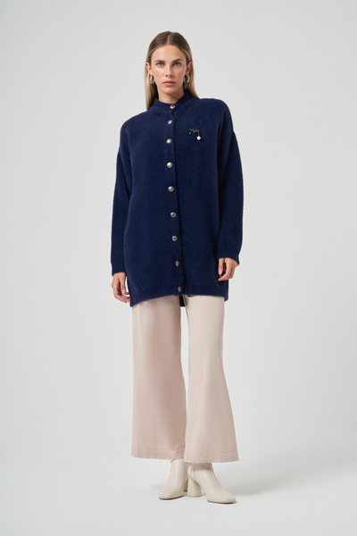 Nuss Button Detail Angora Cardigan 7005 Navy Blue