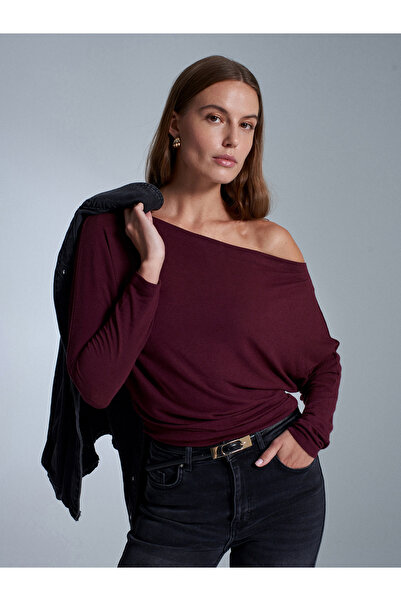 Dilvin 32312 Wool Blend One Shoulder Top-Burgundy