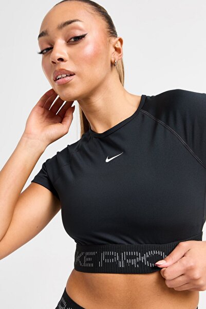 Nike Pro Dri Fit къса ръкава къса графична прилепваща блуза Дамска прилепваща къса ръкава тениска Черна