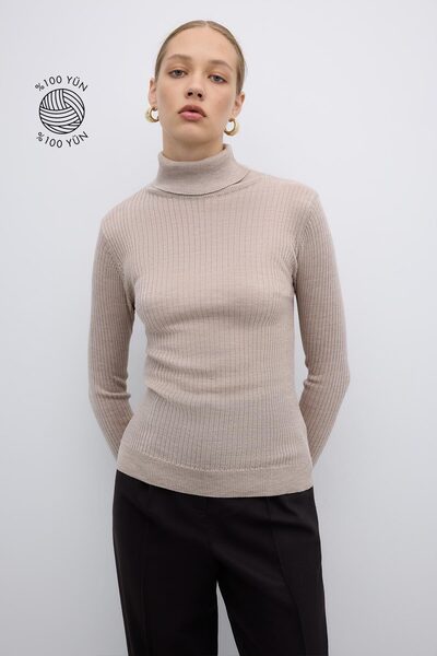 Roman %100 Yün Balıkçı Yaka Triko Bej K2671032_024