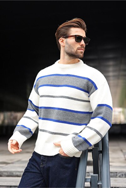 Madmext Ανδρικό πουλόβερ με ριγέ πλεκτό λαιμόκοψη σε χρώμα κόκκαλου E7455