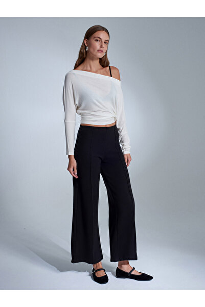 Dilvin 71941 Elastic Waist Wide Leg Sweatpants-Black