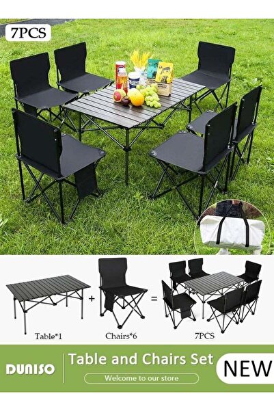 DOMEET مجموعة طاولة وكراسي تخييم قابلة للطي من 7 قطع، طاولة نزهة محمولة من ال...