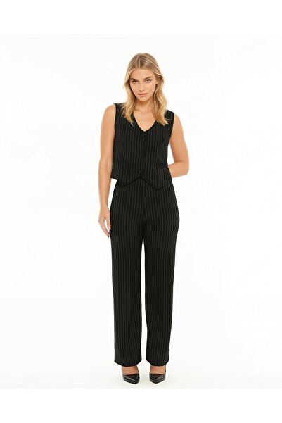 Lexsina Button-Front Striped Vest Pants Bottom Top Two-Piece Set
