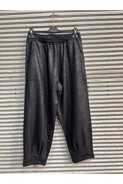 NUR TEKSTİL kadın siyah deri ğörünümlü içi şardonlu beli lastikli likralı iki...
