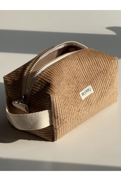 Roomiq Handmade Caramel Brown Velvet Makeup Bag Orven Collection Wood