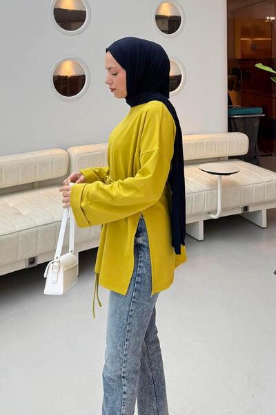 lamelif Slit Detailed Sweatshirt Oil Green