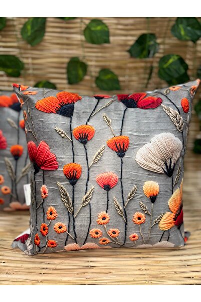 Ekodoğa Punch Nakış Desenli 3D Dijital Baskı 2'Li Gri Zemin Üzerine Çiçek Tem...