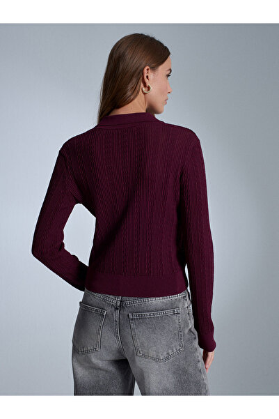 Dilvin 10827 Polo Neck Slim Knit Blouse-Burgundy