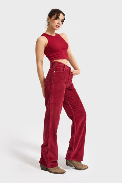 its basic Women's Burgundy Color 26W5-35 Straight Fit High Waist Thick Corded Fabric Velvet Velvet Fabric Trousers