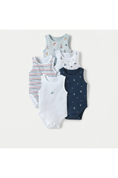 Juniors Printed Sleeveless Bodysuit with Button Closure - Set of 5