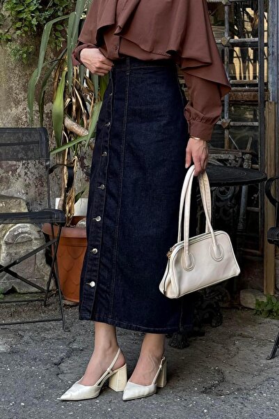 lamelif Buttoned Denim Skirt Denim Blue
