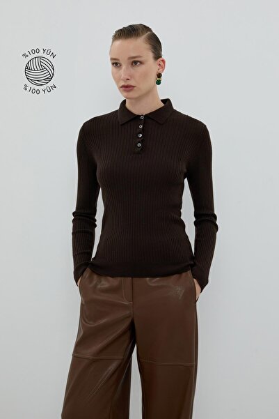 Roman %100 Yün Düğme Detaylı Triko Kahve K2671031_005