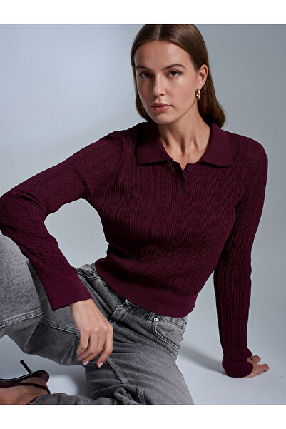 Dilvin 10827 Polo Neck Slim Knit Blouse-Burgundy