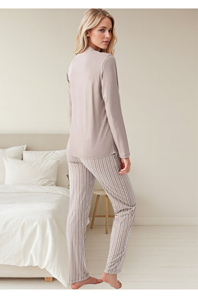 Loule Γυναικείο σετ πιτζάμες με ρίγες από 100% βαμβάκι με λεπτομέρεια με μισό κουμπί βιζόν