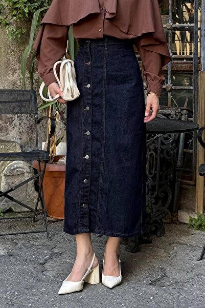 lamelif Buttoned Denim Skirt Denim Blue