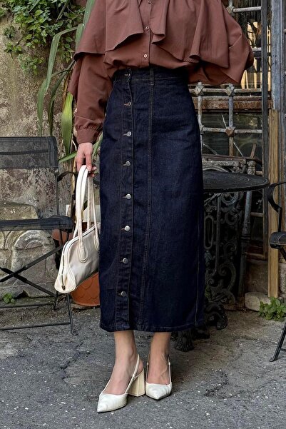 lamelif Buttoned Denim Skirt Denim Blue