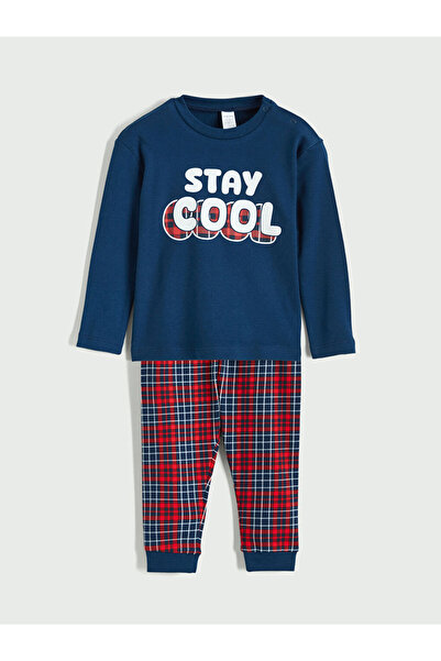 LC Waikiki Lcw Baby Navy Blue Crew Neck Long Sleeve Printed Baby Boy Pajamas Set