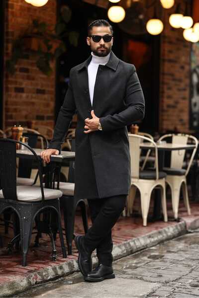 Endap Men's Modern Fit Hidden Button Detailed Anthracite Cashmere Coat