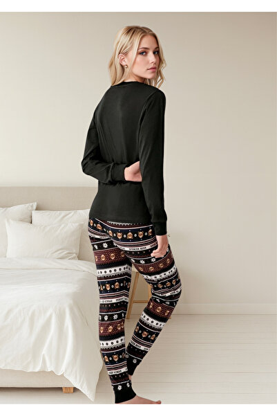 Loule Women's Black Teddy Bear Patterned 100% Cotton Long Sleeve Pajama Set