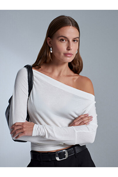 Dilvin 32312 Wool Blend One Shoulder Top-Ecru