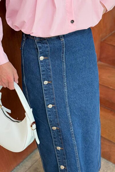 lamelif Buttoned Denim Skirt Dark Blue