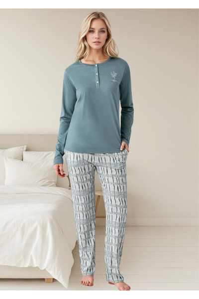 Loule Women's Green Half Button Detailed 50% Cotton 50% Modal Long Sleeve Patterned Pajama Set