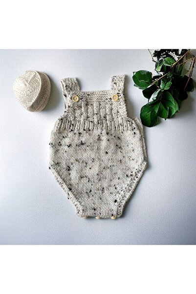 The Cloudish Shop Baby Hand-Knitted Romper Hat Set White - Black Coffee Grayish 3-6 Months
